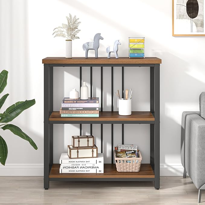 FOLUBAN Bookshelf, Small Modern 3 Tier Bookcase, Wood and Metal Standing Storage Book Shelves for Living Room, Office, Bedroom (Rustic Walnut)