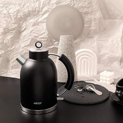 ASCOT Electric Kettle, Electric Tea Kettle Hot Water Kettle Stainless Steel Kettle 1.6L 1500W Retro Tea Heater & Boiling Water, Auto Shut-Off and Boil-Dry Protection (Black)