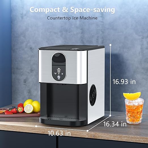 Portable Nugget Ice Maker Countertop, Self-Dispensing Pebble Ice Maker, 44 lbs/Day Soft Chewable Pellet Ice Machine for Home, Kitchen, Bar, Single Button Operation, Compact Design Ice Making Machine