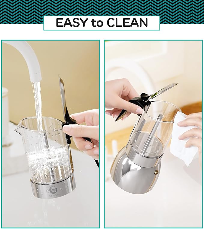 Coffee Gator 9 Cup Moka Pot, 15oz Stovetop Espresso Maker for Italian Coffee, Transparent Glass & Stainless Steel Design, Silver, 450ml