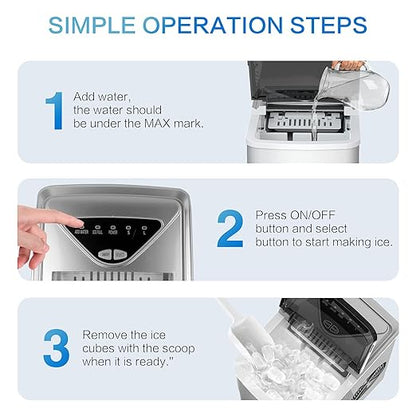 Ice Makers Countertop, Self-Cleaning Function, Portable Electric Ice Cube Maker Machine, 9 Bullet Ice Ready in 6 Mins, 26lbs 24Hrs with Ice Bags and Ice Scoop Basket for Home Bar Camping RV(Silver)