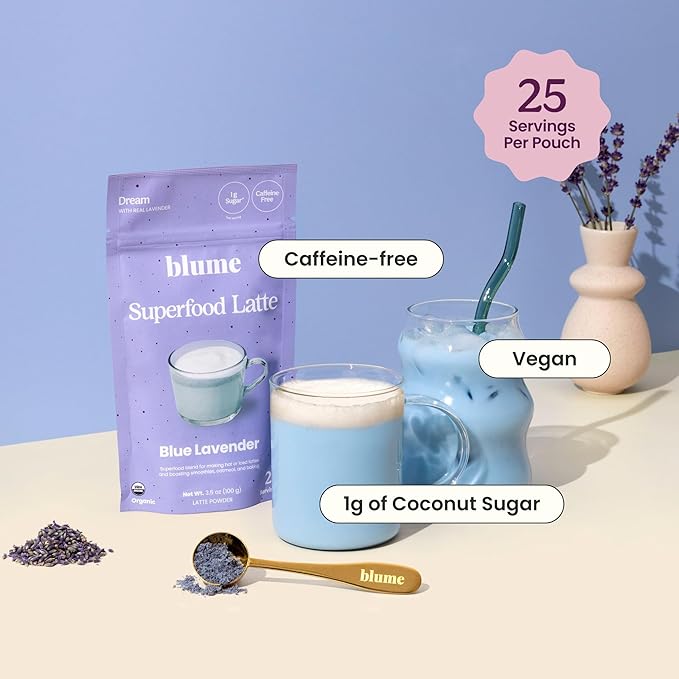 Blume Matcha & Blue Lavender Starter Pack - Organic Superfoods Booster for Lattes, Coffee & Smoothies - Vegan, Sugar and Gluten Free - Includes Frother - 60 Servings