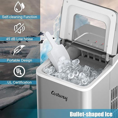COSTWAY Countertop Ice Maker, 26Lbs/24H Portable Ice Machine with Self-Cleaning Function, Bullet Ice Cubes Ready in 8 Mins, Scoop and Removable Basket,Ice Maker for Home Party Bar, Silver
