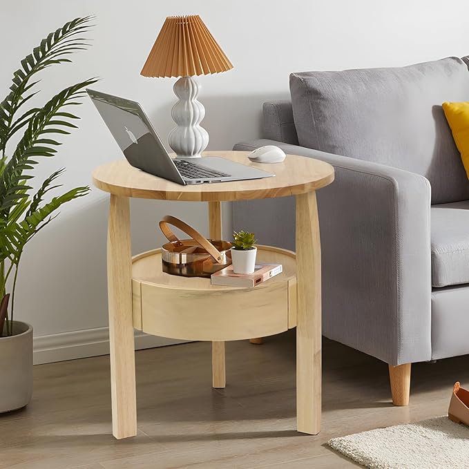 Round Coffee Table with Hidden Drawer - 20" D x 20" H Real Oak Wood Round Side Table with Storage, 2-Tier Round End Table for Sofa, Small Circle Coffee Table with Drawer for Living Room, Beige