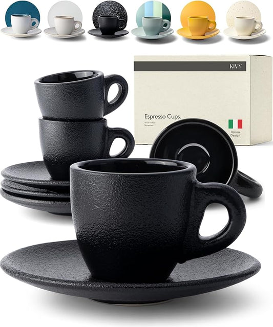 KIVY 3 oz Espresso cups set of 4 - Thick walled stoneware espresso cup set - Italian style cups and saucers - Demitasse cups set of 4 - Espresso mugs black - Coffee shot cups & saucers