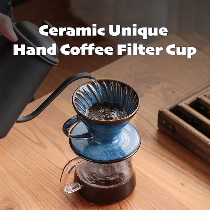 Ceramic Coffee Dripper Filter 60 Angle Tapered 02-4Cup Pour Over Coffee Ceramic Hand Brew Outdoor Cup Retro Filter Set Reusable Portable Coffee Maker (2/4 People Large - Sky Blue)