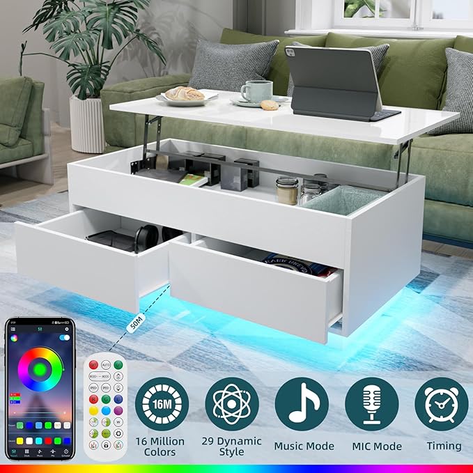 LED Coffee Table with Lift Top Morden Coffee Table with Storage High Gloss White Sofa Table for Living Room Center Tables Hidden Compartment & 2 Drawers