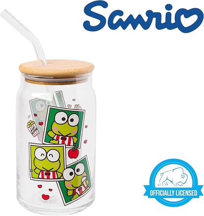 Silver Buffalo Sanrio Hello Kitty and Friends Keroppi Polaroids Glass Jar Tumbler with Bamboo Lid and Glass Straw, 16 Ounces