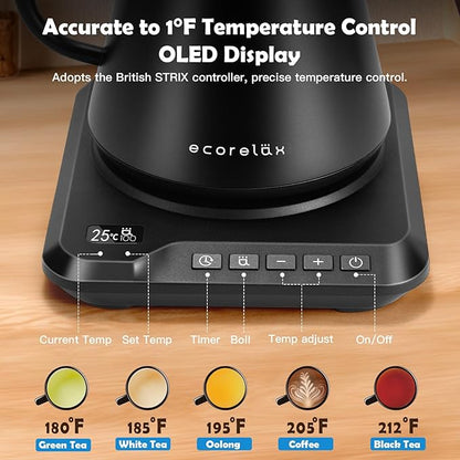 ECORELAX Gooseneck Electric Kettle, ±1℉ Temperature Control Pour Over Kettle for Coffee, Tea & Water, Stainless Steel 1200 W Keep Warm OLED Display 1 L (Black)
