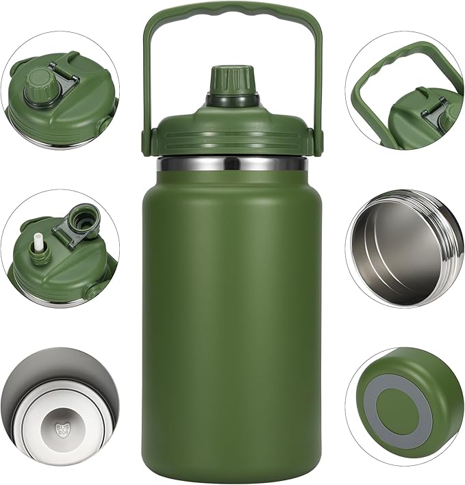1 Gallon Thermosflask with Straw, 135oz Stainless Steel Insulated Water Bottle，4L Oversized Double Wall Vacuum Jug with Handle for Hot Cold Drinks, Wide mouth Icebuckets for Hiking Sports(Green)