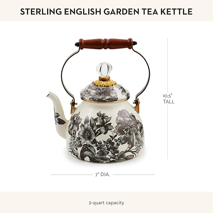 MACKENZIE-CHILDS 2-Quart Enamel Tea Kettle, Cute Tea Kettle for Stovetop, Sterling English Garden