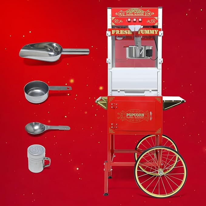 Popcorn Maker with Cart & 20oz Kettle, Antique Style Popcorn Maker on Wheels with 16" Tires & Storage Cabinet, Mobile Popcorn Popper Machine for Theater, Carnival, Home Party, Red