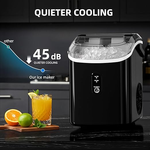Nugget Countertop Ice Maker with Soft Chewable Pellet Ice, Automatic 34Lbs/24H,Pebble Portable Ice Machine with Ice Scoop, Self-Cleaning, One-Click Operation, for Kitchen,Office, Bar(Highlight Black)