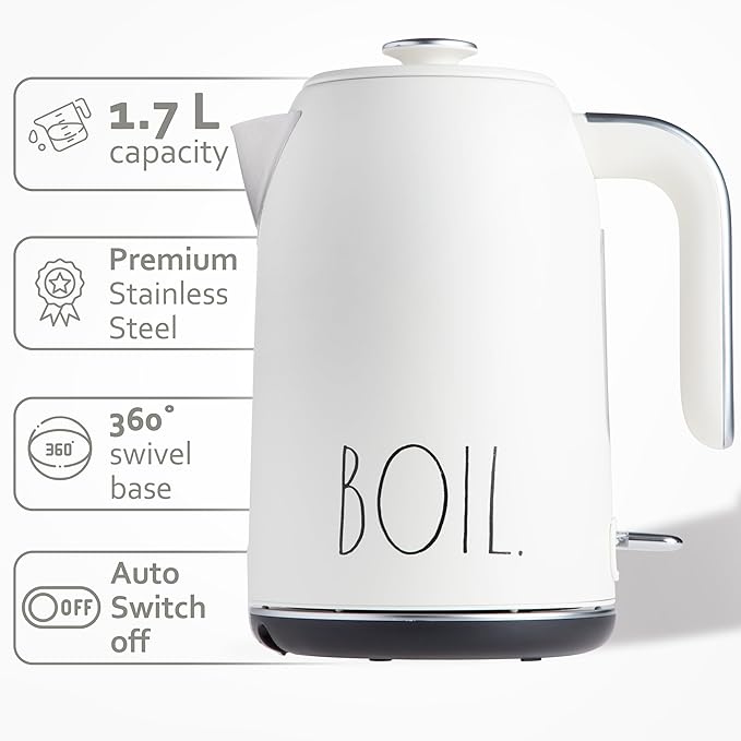 Rae Dunn Electric Hot Water Kettle - Stainless Steel Coffee Maker, Tea Kettle, Swivel Base, With Automatic Shut Off Boil-Dry Protection, Easy Pour Pitcher, 1500 Watt Boiling Power, 1.7 Liters, Cream