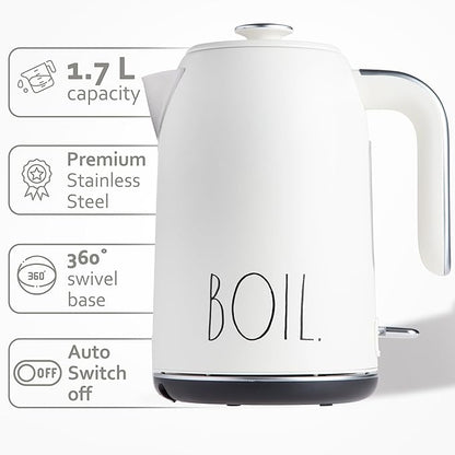 Rae Dunn Electric Hot Water Kettle - Stainless Steel Coffee Maker, Tea Kettle, Swivel Base, With Automatic Shut Off Boil-Dry Protection, Easy Pour Pitcher, 1500 Watt Boiling Power, 1.7 Liters, Cream