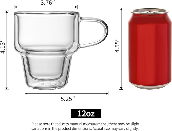 NIRA.Z 4 Pack Double Wall Glass Coffee Mugs 12 OZ Insulated Espresso Cups with Handle, Stackable Thermal Glass Coffee Cups, Ideal for Hot & Cold Drinks, Juice, Americano, Latte, Tea Bags, Cappuccinos