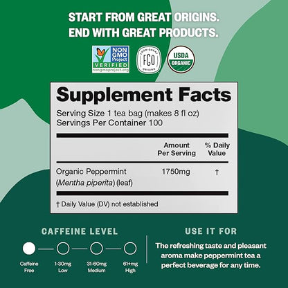 FGO Organic Peppermint Tea, 100 Count, Eco-Conscious Tea Bags, Caffeine Free, Packaging May Vary (Pack of 1)
