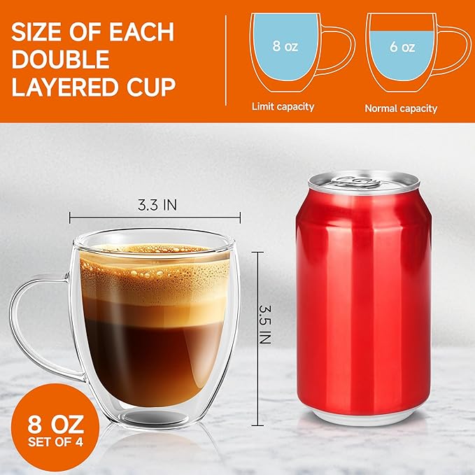 8 Ounces Set of 4 Double Walled Glass Coffee Mugs with with Handle Insulated Layer Coffee Cups Borosilicate Glass Espresso Double Insulated Clear Glass Coffee Mug for Hot Beverages