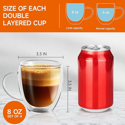 8 Ounces Set of 4 Double Walled Glass Coffee Mugs with with Handle Insulated Layer Coffee Cups Borosilicate Glass Espresso Double Insulated Clear Glass Coffee Mug for Hot Beverages