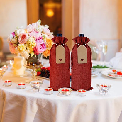 Windyun 100Pcs Burlap Wine Bags Drawstring Wine Bottle Gift Sacks with Tags 5.9 x 13.8 Inch Jute Burlap Plain Wine Bags for Wedding Birthday Blind Tastings Christmas Travel Party (Wine Red)