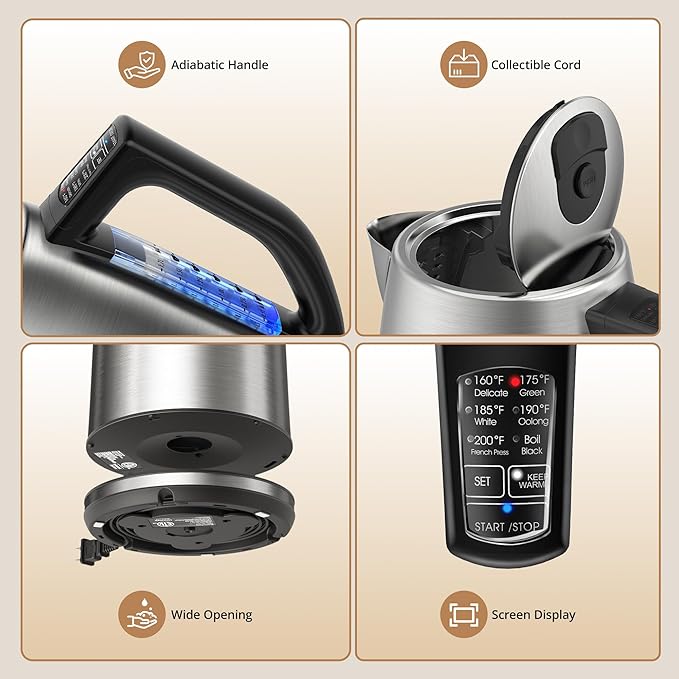 Electric Kettle Temperature Control, 1.7L Stainless Steel Tea Kettle, BPA-Free Hot Water Boiler with LED Light,1500 Watts for Fast Heat Up, Auto Shut-Off, Boil-Dry Protection, Keeping Warm