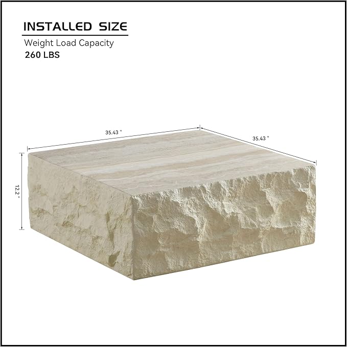 Faux Rock Coffee Table,Drum Coffee Table Fiberglass Square Tea Table for Living Room, Accent Imitation Stone Central Table No Need Assembly, Beige White