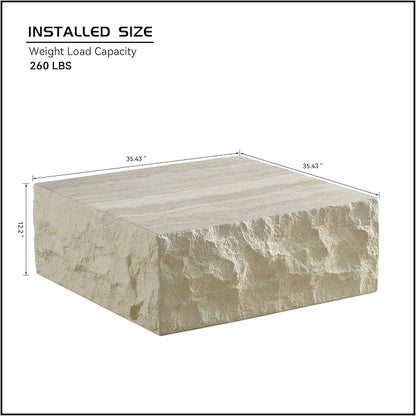 Faux Rock Coffee Table,Drum Coffee Table Fiberglass Square Tea Table for Living Room, Accent Imitation Stone Central Table No Need Assembly, Beige White