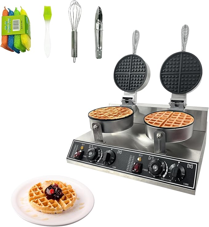 2400W Double Head Waffle Maker with Temperature & Time Control, Stainless Steel Commercial Waffle Iron with Non-Stick Coating for Home Cafe Restaurant Snack Bar Party Food Stall