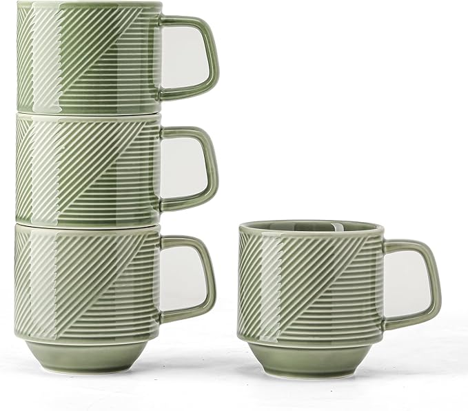 Stackable Coffee Mugs Set: 13 oz Ceramic Stacking Cups for Cappuccino Latte Tea - Microwave Safe Mug for Home & Office - 4 PCS, Pea Green