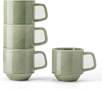Stackable Coffee Mugs Set: 13 oz Ceramic Stacking Cups for Cappuccino Latte Tea - Microwave Safe Mug for Home & Office - 4 PCS, Pea Green