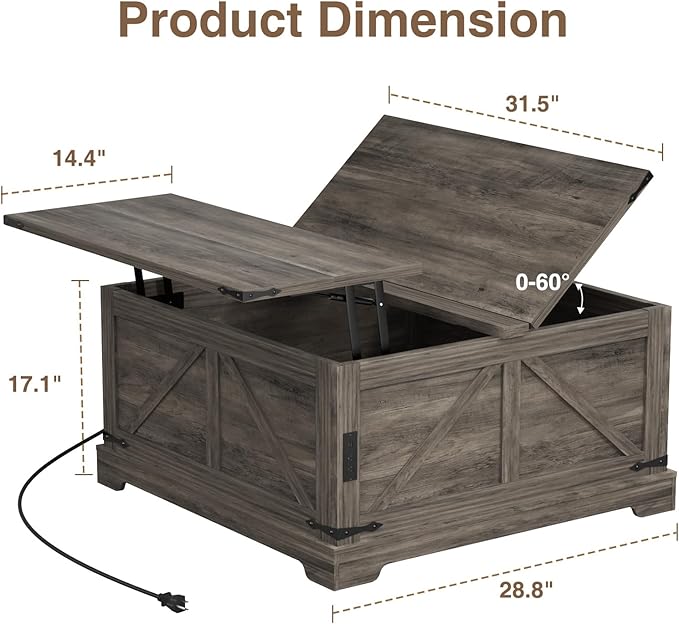 Coffee Table with Storage, 31.5" W Farmhouse Lift Top Wood Square Center Table with Charging Station, Rustic Cocktail Tables with Flip Top Lids for Living Room, Home Office, Grey