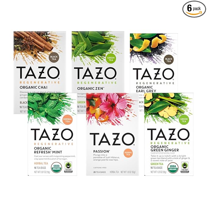 TAZO Tea Bags, Regenerative Organic: Refresh Mint Herbal, Zen Green, Green Ginger, Chai Black, Early Grey, & Passion Herbal (1ea) (Variety Pack)