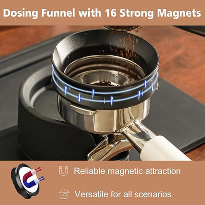 BOOKOO 3-in-1 Espresso Tamper 58.5mm Espresso Distribution Tool Magnetic Dosing Funnel with Spring Loaded Sound Feedback 304 Stainless Steel WDT Tool Espresso Stirrer Needle Coffee Tamper Set