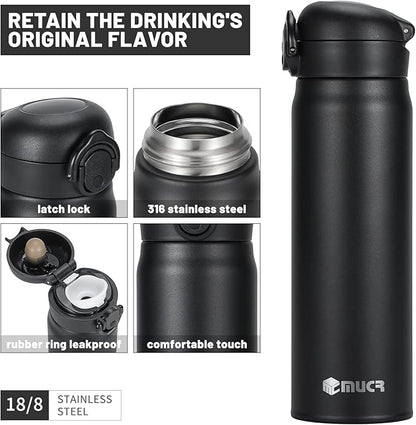 17 oz / 500 ml Insulated Water Bottle, Stainless Steel Thermo Coffee Travel Mug, Thermal Cup with Snap Flip Lid, BPA Free for Hot and Cold Drinking, Black