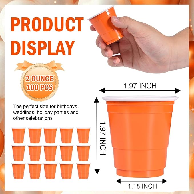 100 Pack 2 oz Plastic Shot Glasses Disposable Shot Cups, Mini 2oz Party Cups for Halloween, Birthday, Wedding, Bachelorette Party, Baby Shower Supplies (Orange, Black)