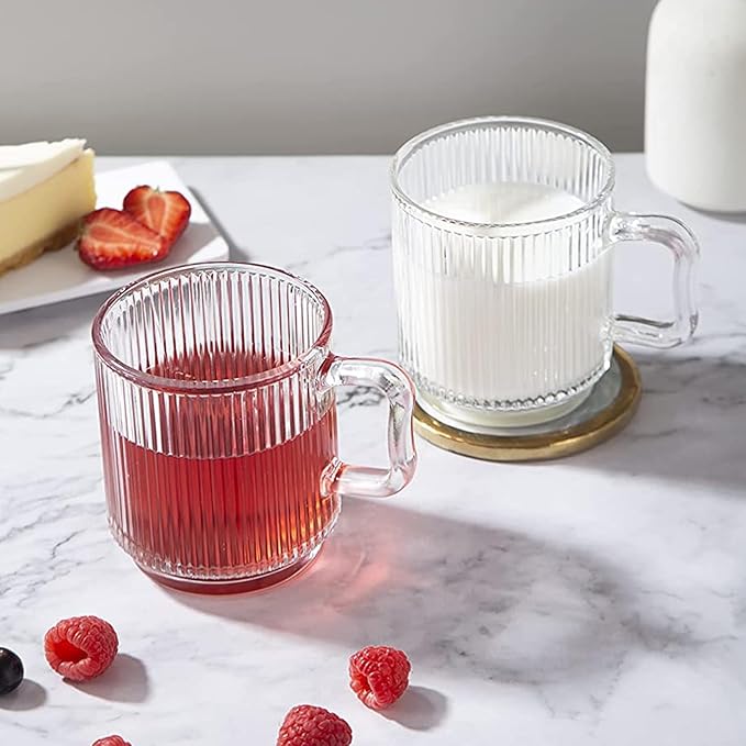 D.M DESIGN·MASTER [6 PACK, 12 OZ - Premium Glass Coffee Mugs with Handle. Transparent Tea Glasses for Hot/Cold Beverages, Perfect Design for Americano, Cappuccino, Tea and Beverage.