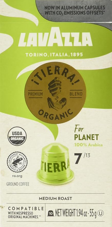 Lavazza TIERRA PLANET USDA ORGANIC Espresso Aluminum Capsules Compatible with Nespresso Original Machines, 10 Count, Medium Roast, 100% Arabica, Intensity 7 of 13