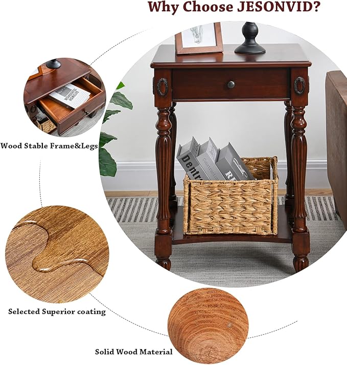Solid Wood Retangle End Table with Drawer and Storage Shelf, 28"H Traditional Vintage Side Table Polished Edging Sofa Table Bedside Nightstand for Living Room Bedroom Home, Cherry Walnut GBJ-1533-WD