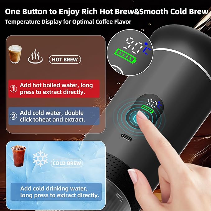 Portable Coffee Maker for Travel & Camping, Portable Espresso Maker for Travel, Rechargeable Cordless Battery Operated Coffee Makers for Ground Coffee, NS Capsule RV, Hiking, Office(Grey)