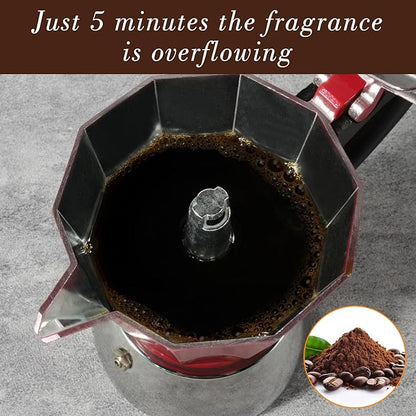 Stovetop Espresso Maker, 3Cup Moka Pot, Espresso Machine Compatible with Induction Cooktops, 150ml Stainless Steel & Aluminum Cuban Coffee Maker for Cafetera Cubana, Red