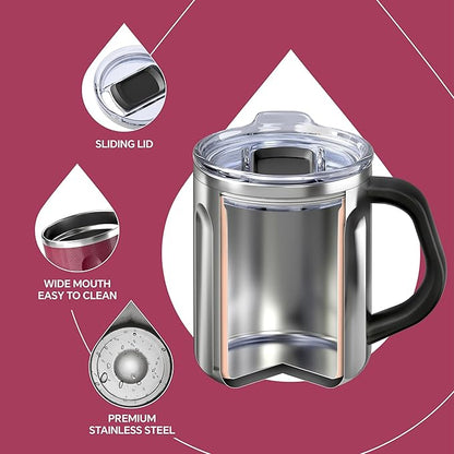 Ideus 16 oz Coffee Cup, Stainless Steel Coffee Travel Mug, Spill Proof Tea Mug with Handle and Lid, Lightweight and Durable, Great for Office Home and Outdoor Use, Red