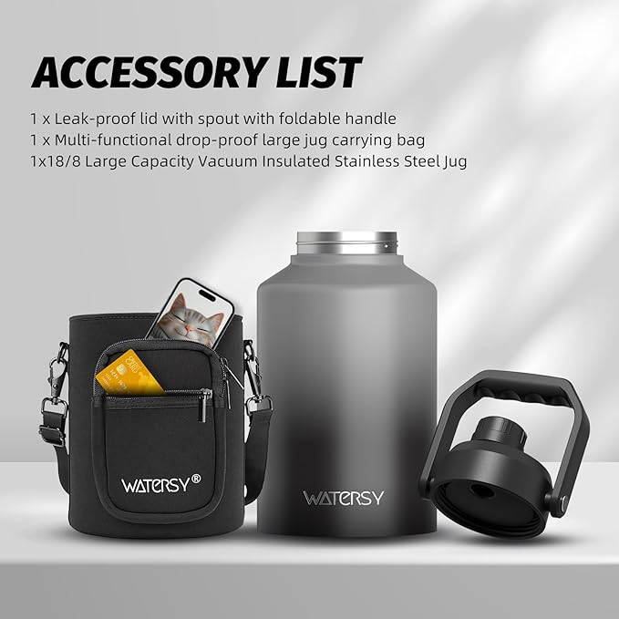 1 Gallon Water Bottle Insulated(Cold for 48 Hrs),BPA Free&Leak Proof,128oz Stainless Steel Water Jug,Big thermo,Large Water Bottle with Handle for Gym,Hiking,Camping&Travel,Gray