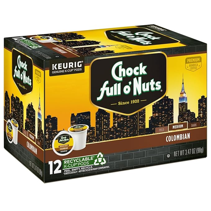 Chock Full o'Nuts Colombian Coffee, Compatible with K-Cup Pods, 12 CT (Pack of 3)