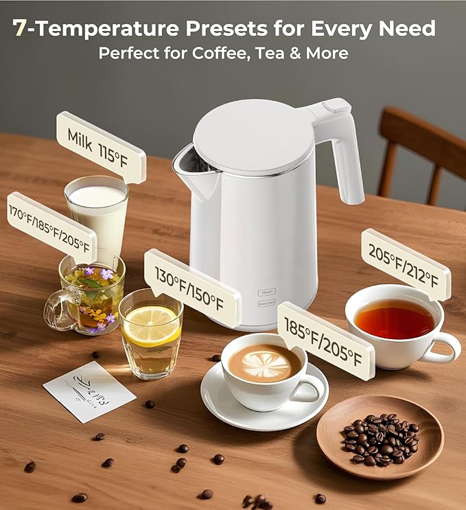 Electric Kettle 1.0L 1200W, 7 Temp Settings, 4H Keep-Warm, Fast-Boil Stainless Steel Electric Tea Kettle, 120V Water Boiler with Auto-Shut Off, Cool Touch PP Exterior for Home Office, White