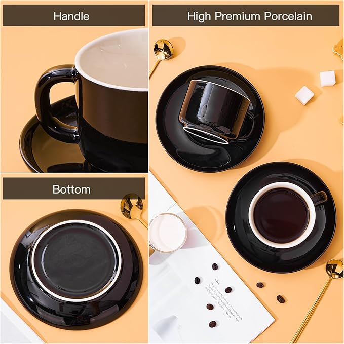 7 oz Coffee Cups with Saucers Spoons - Set of 6 Cappuccino Cups, Black Porcelain Cups Serving for Tea Espresso Latte Mocha