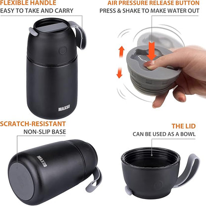 MAXSO 2 Pack Soup Thermo for Hot & Cold Food for Kids Adults, Vacuum Insulated Food Jar Thermal Lunch Containers, Travel Food Flask with Spoon (24 oz,17 oz) (Black)