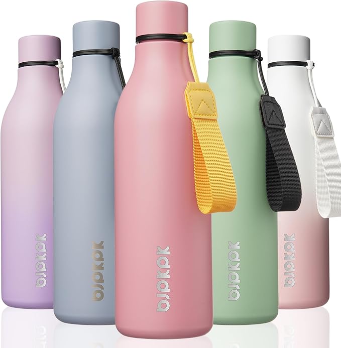 BJPKPK Insulated Water Bottles, 25 oz Stainless Steel Metal Water Bottle with Strap, BPA Free Leak Proof Jugs, Mugs, Flasks, Reusable Thermal Flasks for Sports & Travel, Light Pink