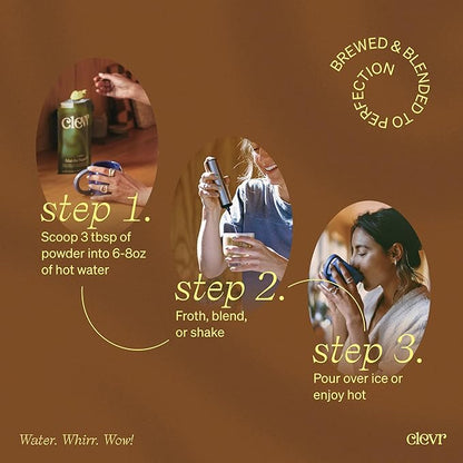 Clevr Blends Mushroom Coffee Latte, Instant Powder with Oat Milk, Lions Mane, Reishi Mushroom, Arabica Coffee Beans Medium Roast Fair Trade, Coconut Cream, Ashwagandha, Serve Hot or Iced, (14 Lattes)