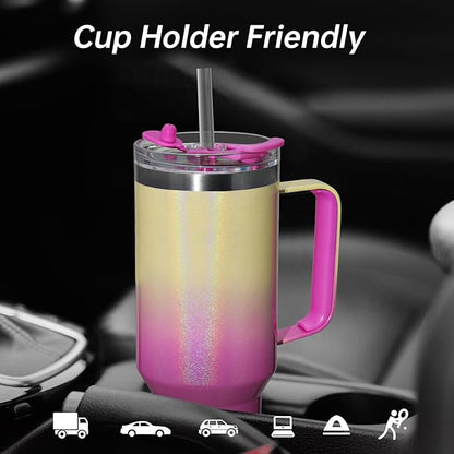 COKTIK 40 oz Tumbler With Handle and Straw Lid, Vacuum Insulated Travel Coffee Mug Stainless Steel Insulated Cup for Beverages, Leak-proof, Cupholder Friendly (Glitter Rainbow)