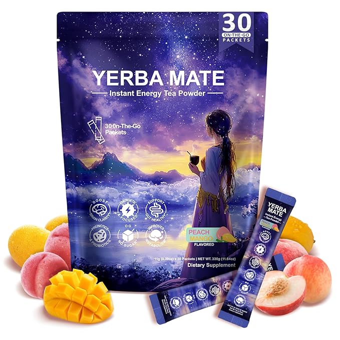 Yerba Mate Peach Mango Drink Mix - Instant Tea Powder with Natural Caffeine & Probiotics for Gut Health, Focus, Cortisol Levels, Immunity, 30 Servings Clean Energy Drink Powdered, No Crash, Sugar-Free